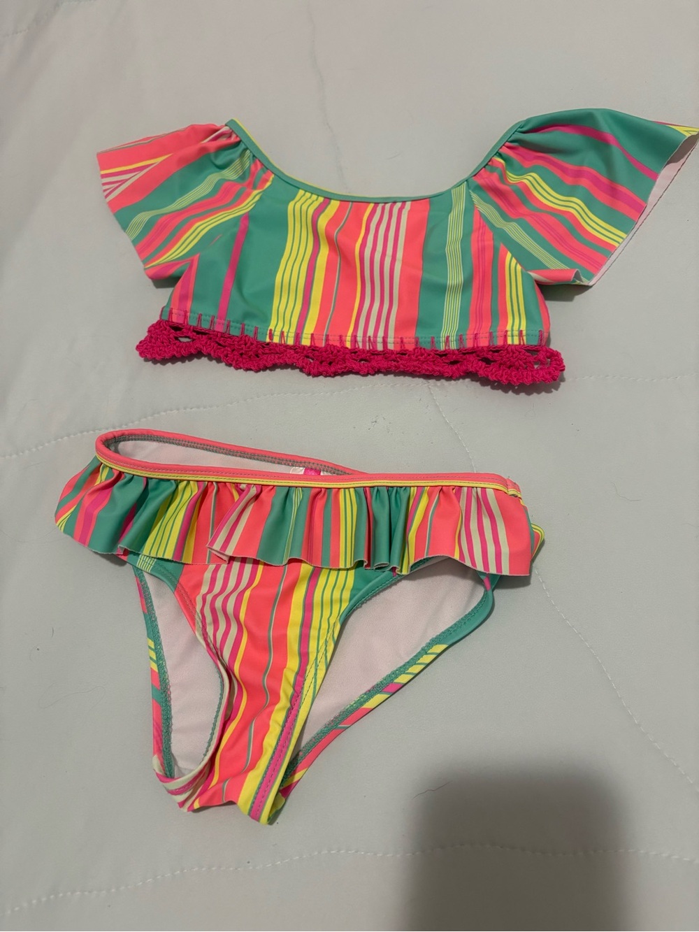 Betsey Johnson Girls Multicolor Stripe Ruffled Bikini Set - Pink, Green, Yellow
